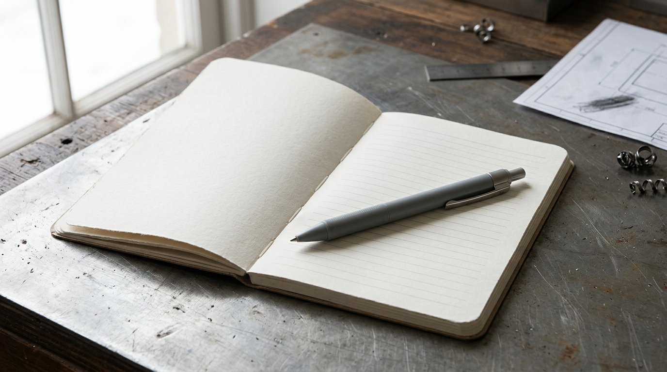 Clean desk scene with a ballpoint pen and open notebook on white paper